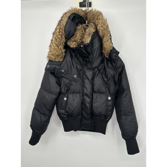 Y2K jacket zip Fur Hood Puffer Jacket XS Crop Bomber Black Down Express - Picture 4 of 14